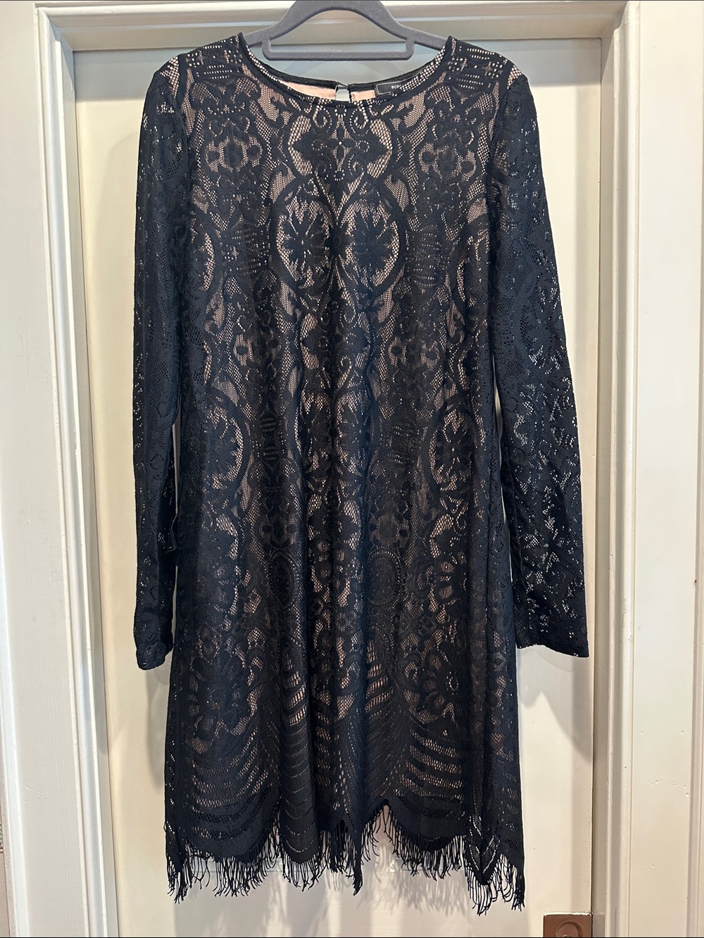 BCBGMaxAzria Black Lace Long-Sleeve Fringe Shift Dress